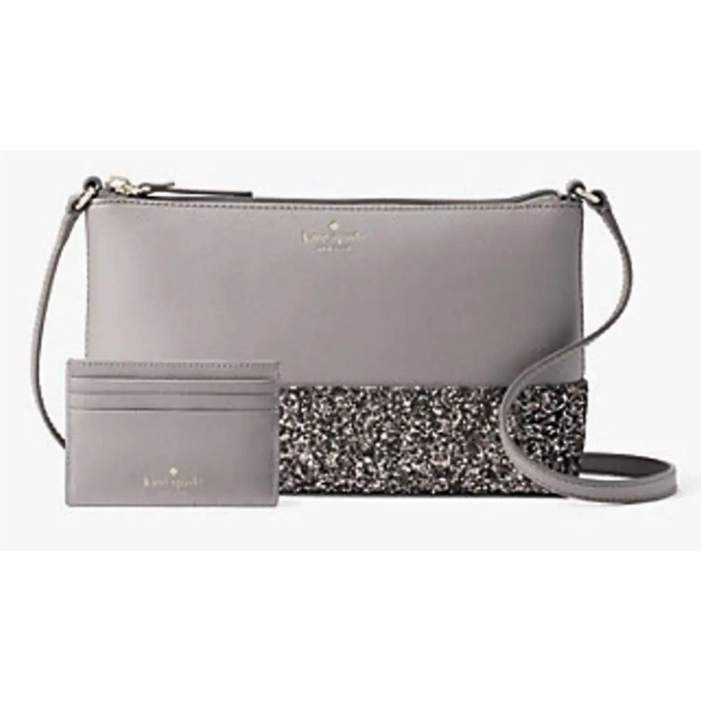 New Kate Spade New York Greta Court Glitter Crossbody Bag +card Case Wallet Grey
