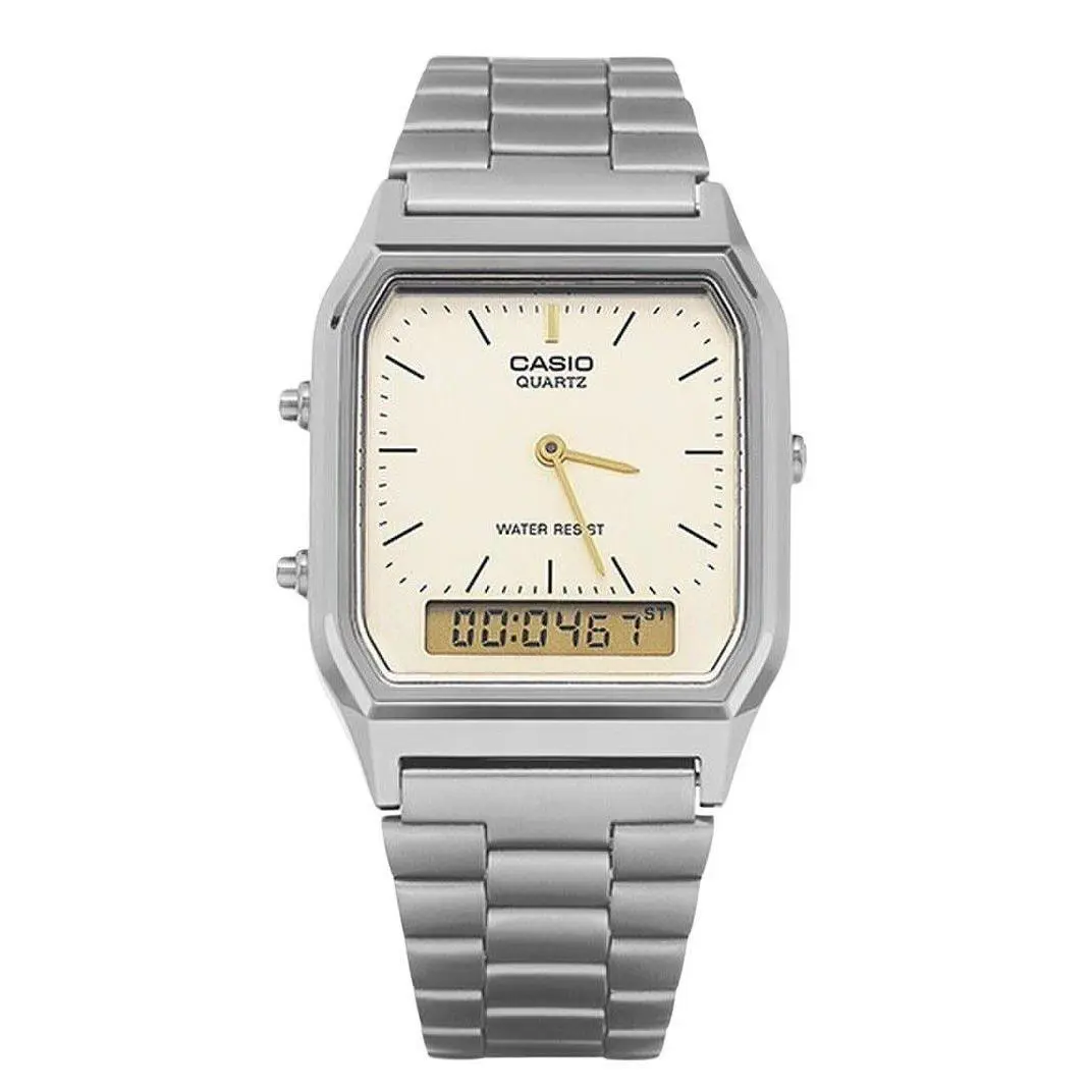 Casio AQ230GG-9A Vintage Analog Digital Gunmetal Watch Gold Dial - Dial: Cream, Gold, Band: Silver, Black, Bezel: Black
