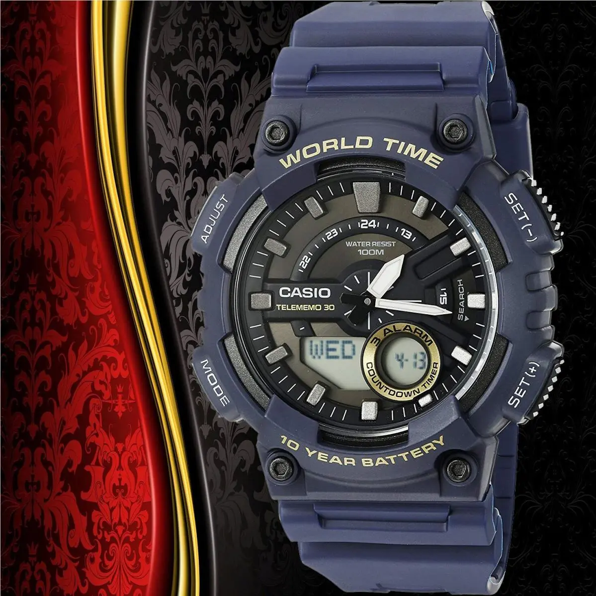 Casio AEQ-110W-2AV Mens Black 100M World Time Digital/ Analog Sports Watch - Black