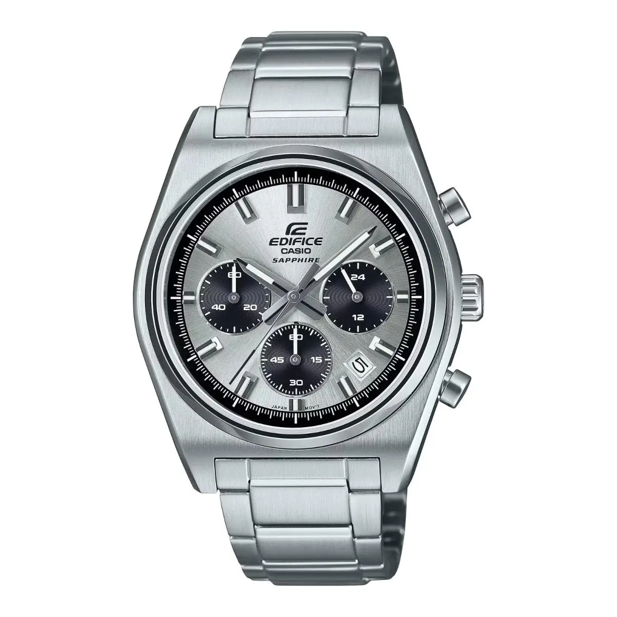 Casio EFB730D-7AV Edifice All Stainless Analog Chrono 100M Date Sport Watch - Dial: Silver w Black Subdials, Band: Silver, Bezel: Silver