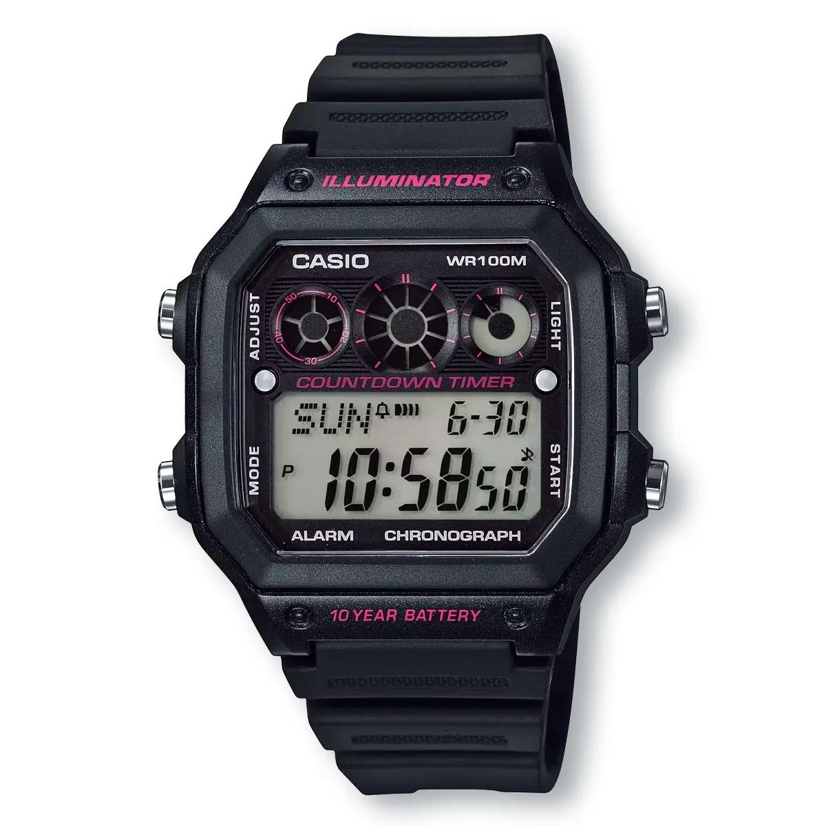 Casio AE1300WH-1A2 Illuminator Chronograph Black Pink Digital Watch