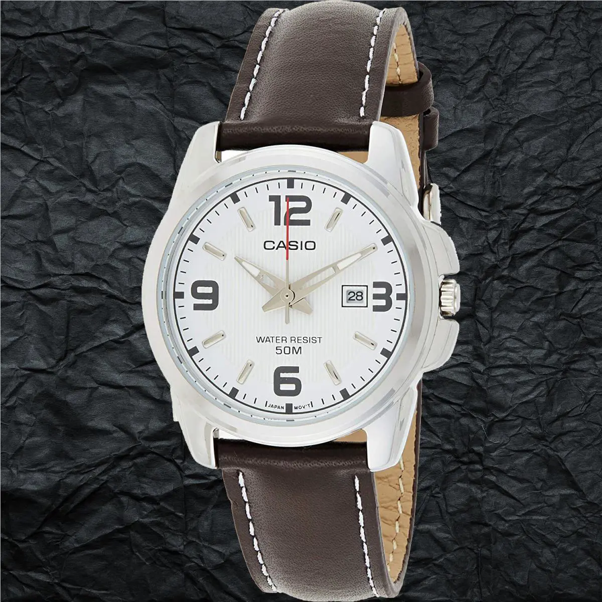Casio MTP1314L-7AV Men`s Large Analog Watch White Dial Leather Band Date