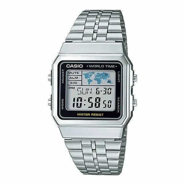 Casio A500WA-1D Vintage World Time Digital Watch Silver Stainless Steel Authenti