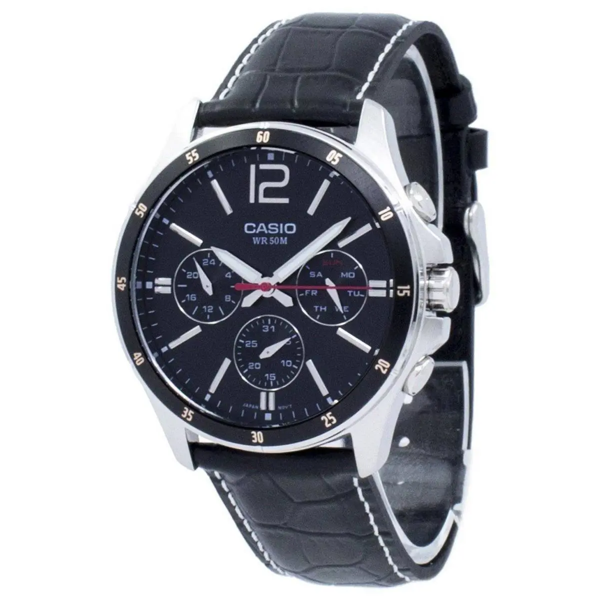 Casio MTP1374L-1AV Men`s Leather Band Black Multifunction 3 Dials Analog Watch