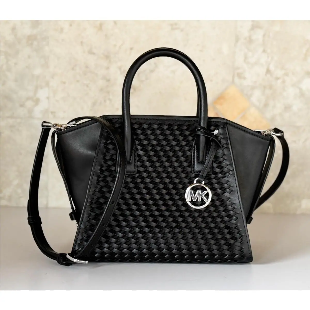 Michael Kors Avril Small Satchel Shoulder Crossbody Bag Braided Black