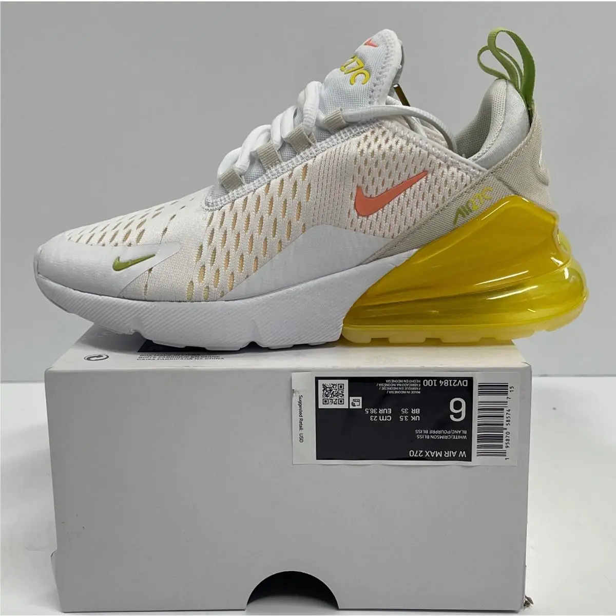 Nike Women Air Max 270 White Crimson Bliss DV2184 100 - Sz 6 New/nolid