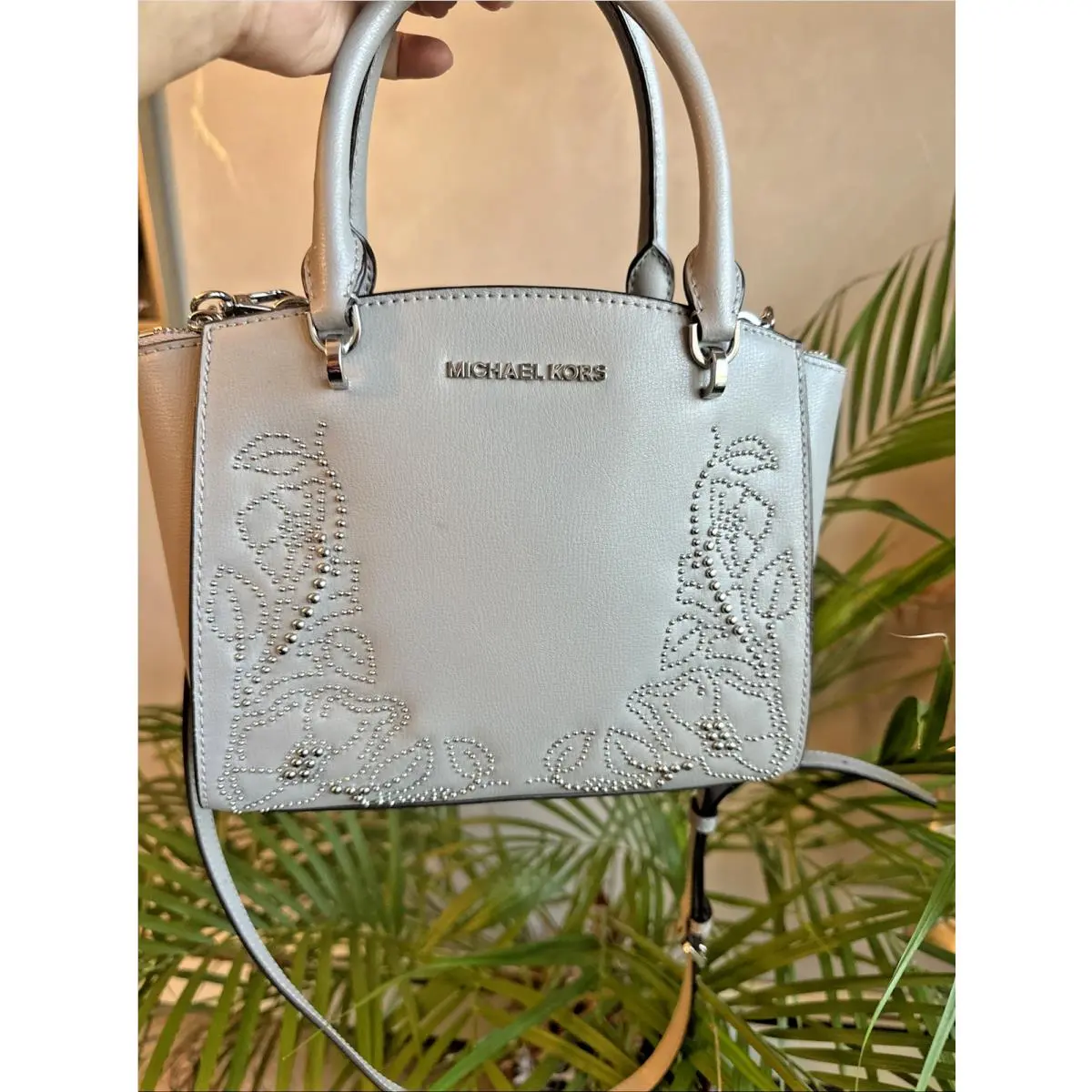 Michael Kors Ellis Satchel Grey Leather W/silver Stud Floral Design Handbag