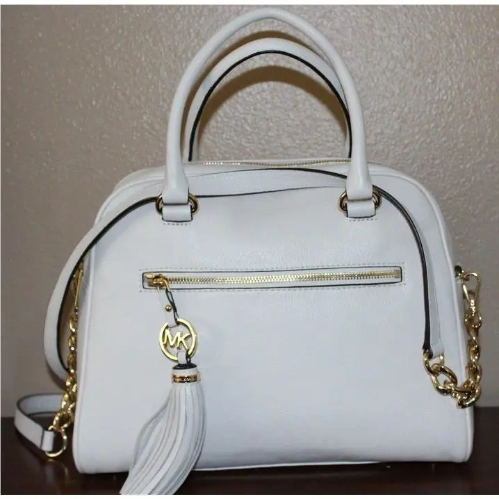 Michael Kors Knox MK Tassel Large Satchel Vanilla Leather Handbag 38S4XXTS3L