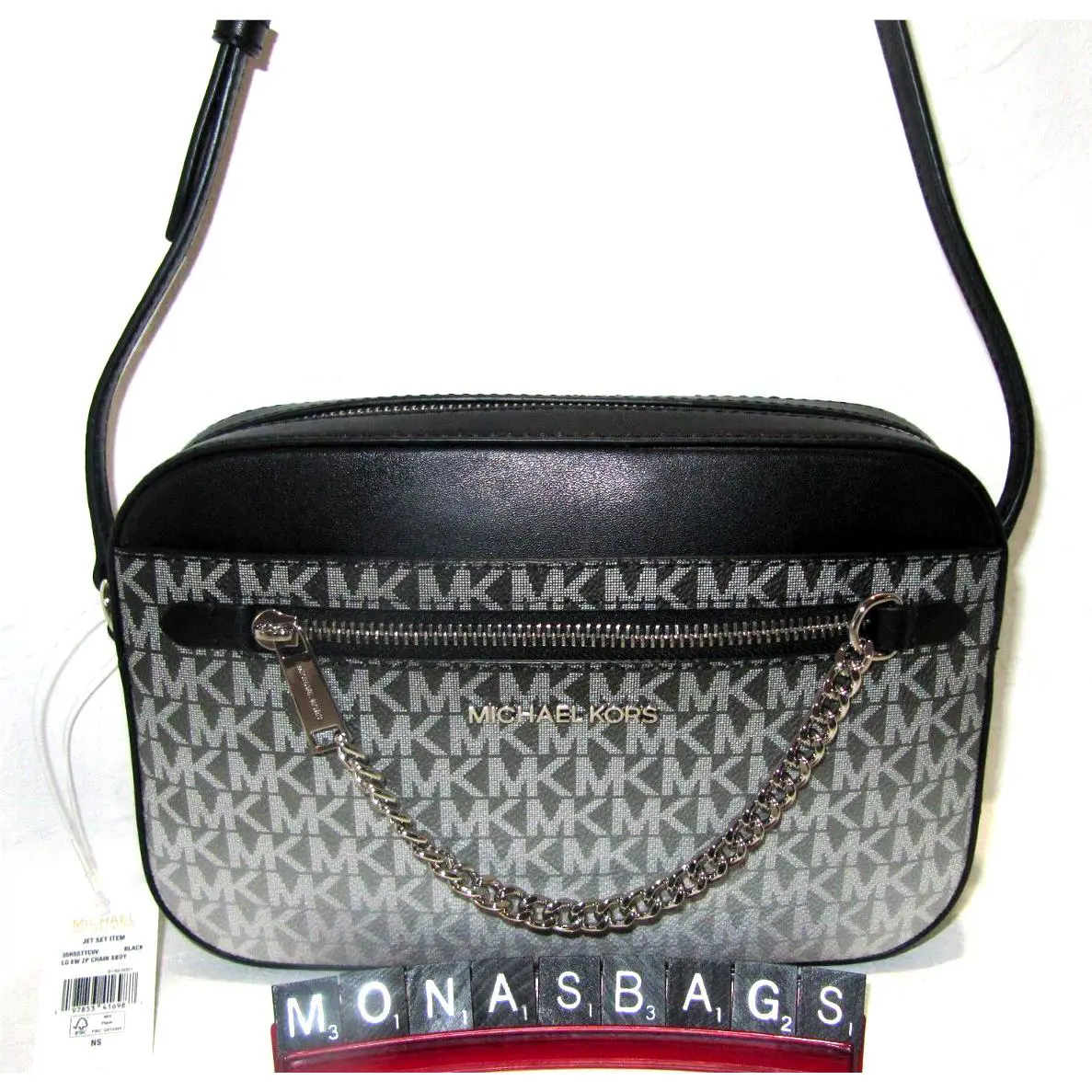 Michael Kors Jet Set Black Ombre Logo Large Zip Chain EW Crossbody Bag