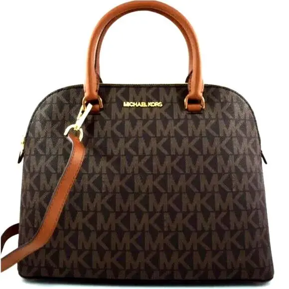 Michael Kors Cindy MK Signature LG Dome Satchel Zip Bag Brown Leather 38S0CCPS3B