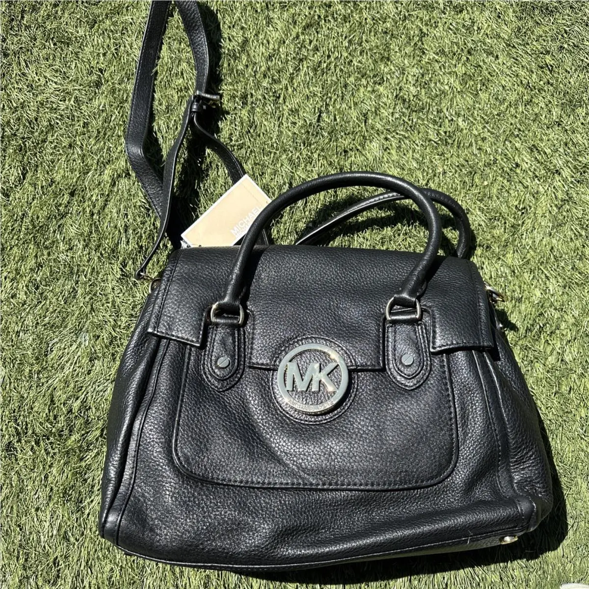 Michael Kors Margo Black Leather Gold Logo Large Satchel Crossbody Bag