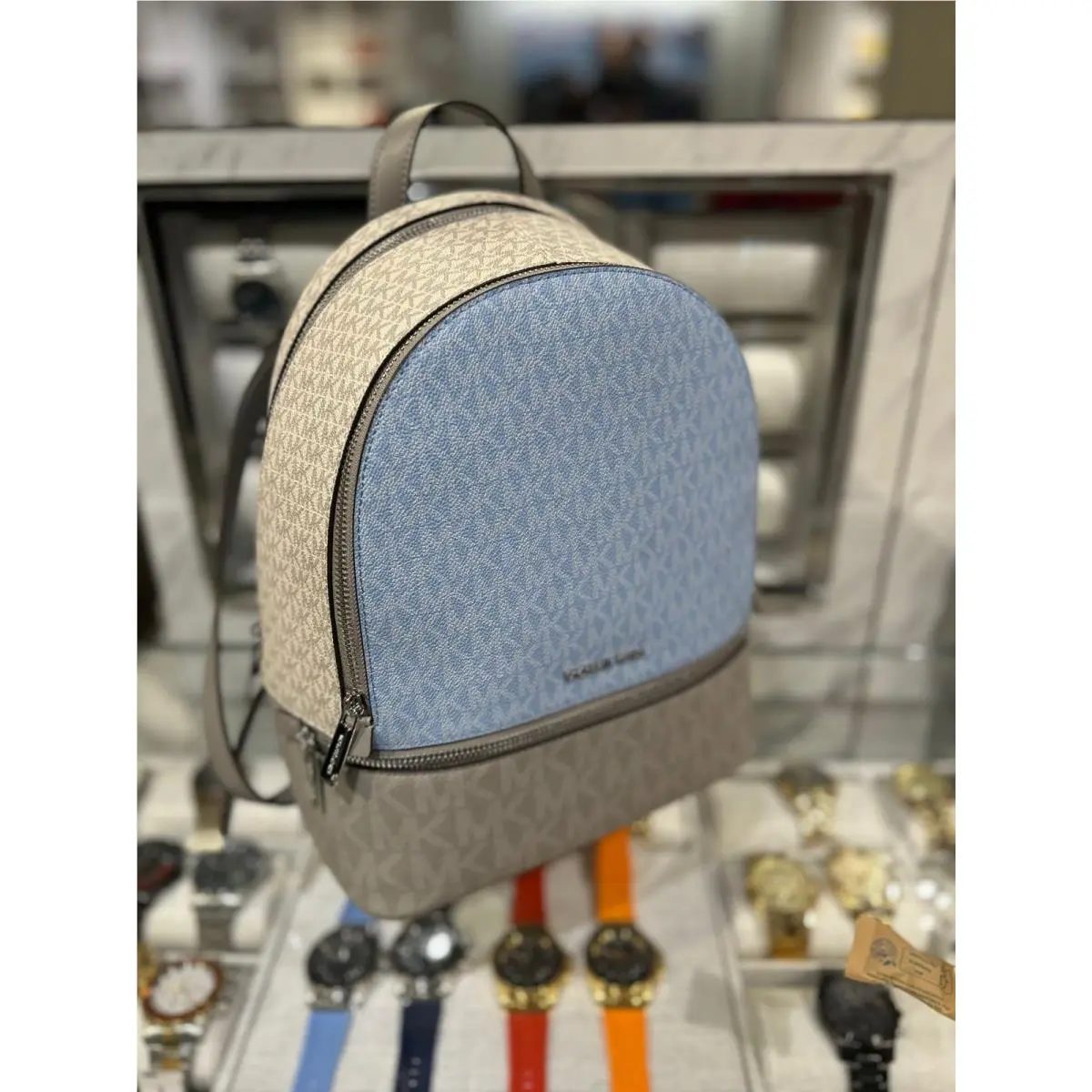 Michael Kors Rhea Medium Women Fashion MK Signature Backpack Bag Light Sky Multi