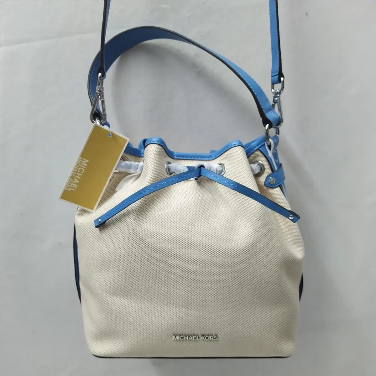 Michael Kors Maeve Ivory Canvas Blue Leather Trim Bucket Shoulder Bag