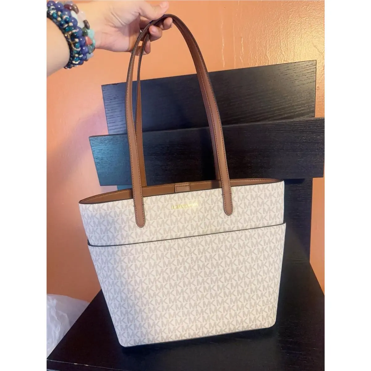 Bedford Mini MK Logo Pvc MD Pkt Tote Bag in Vanilla/lugg by Michael Kors