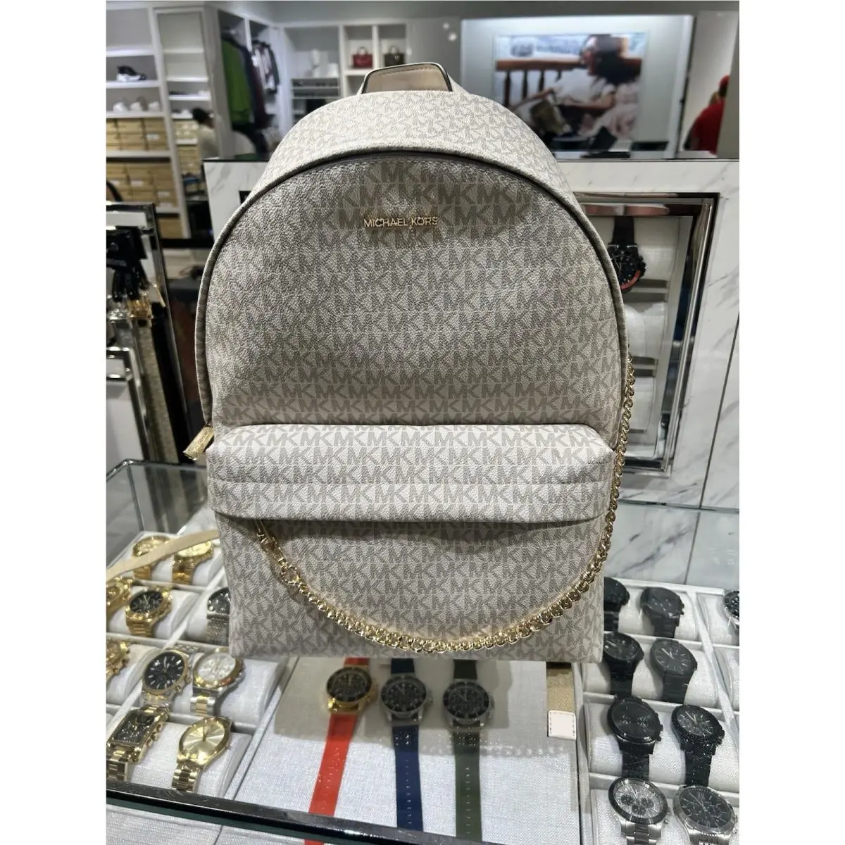 Slater Large Chain Backpack MK Light Cream Multi Bag MK Signature by Michael Kors