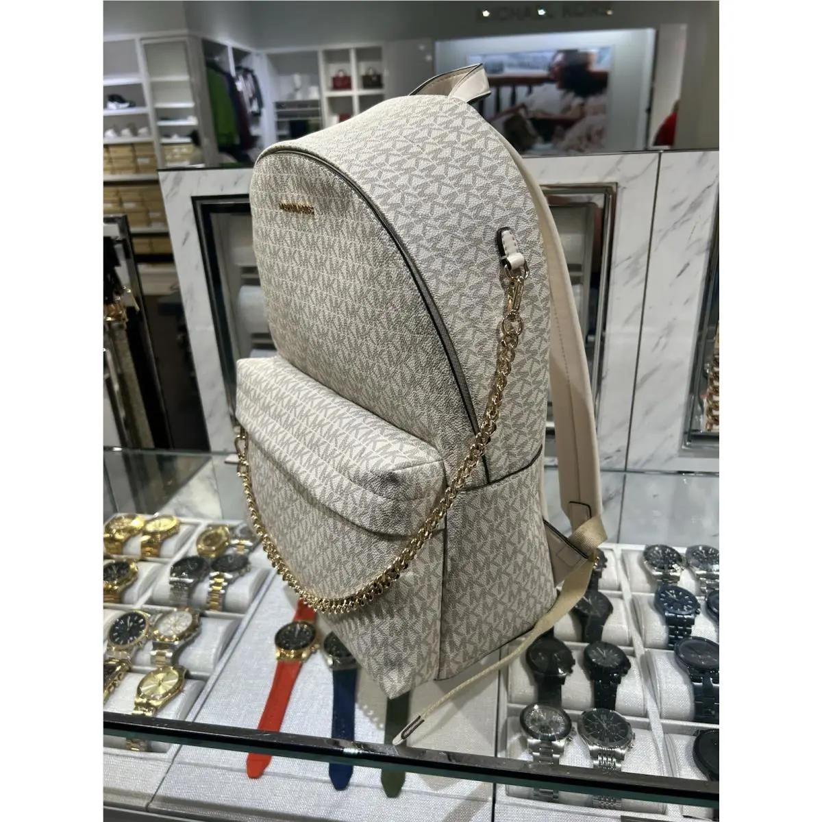 Michael Kors Slater Large Chain Backpack MK Light Sand Multi Bag