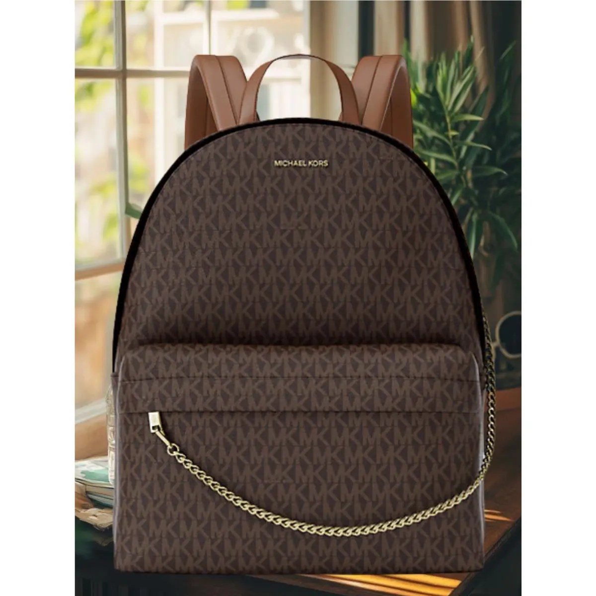 Michael Kors Slater Women Large MK Logo Zip Chain Pocket Backpack Brown