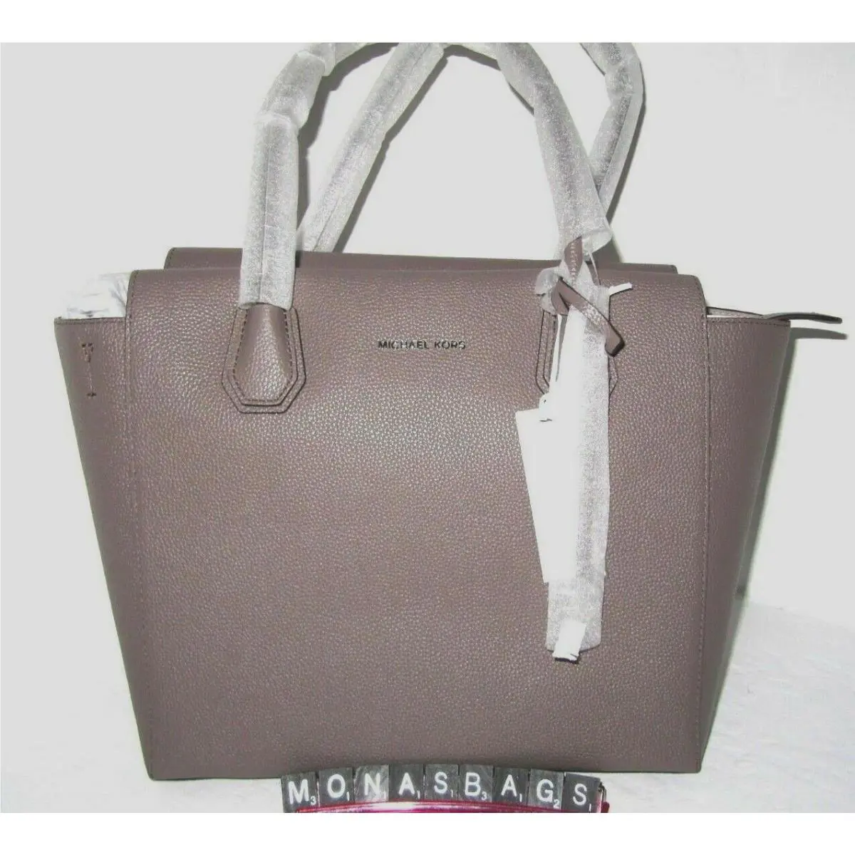 Michael Kors Cinder Taupe Leather Large Mercer Satchel Tote Handbag