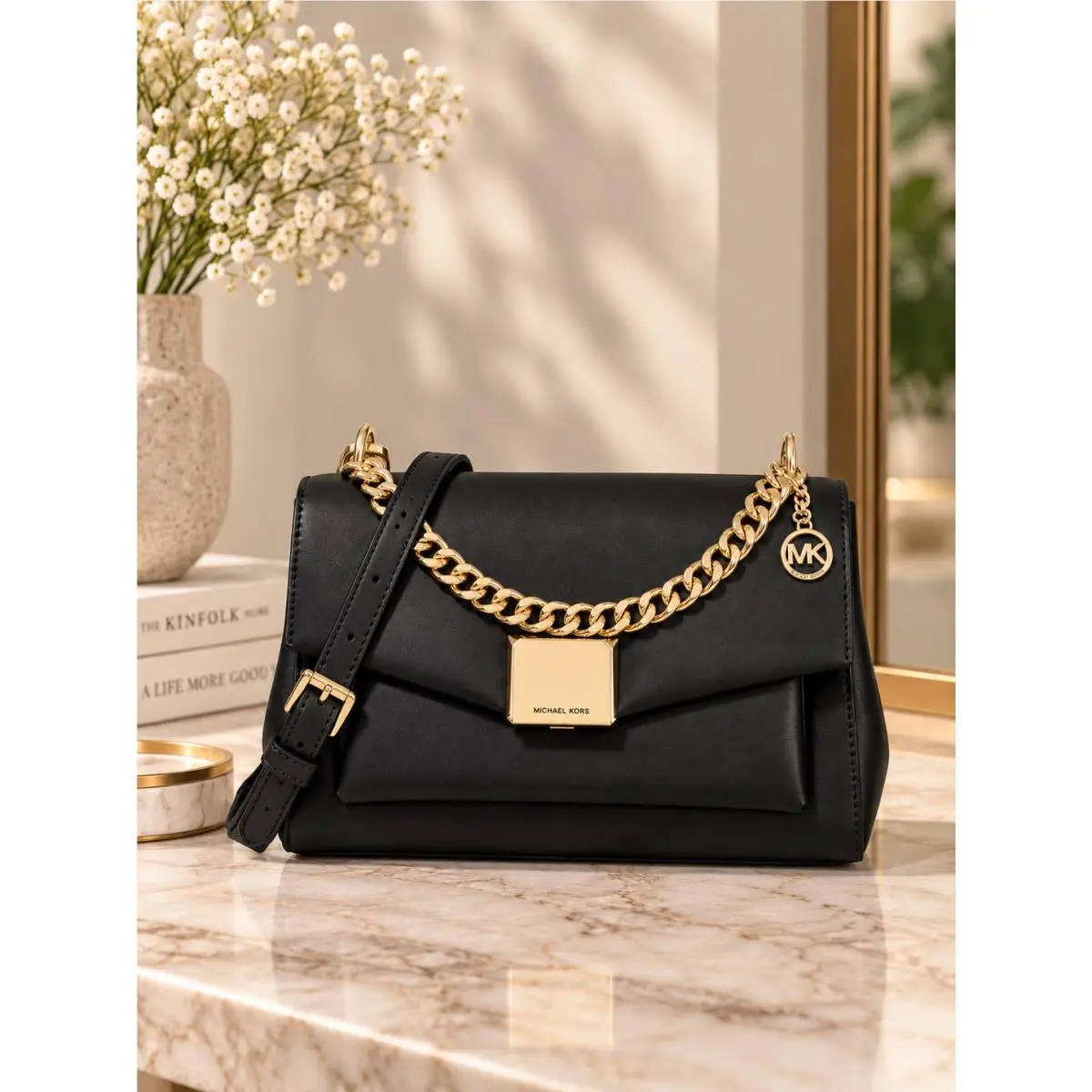 Michael Kors Lita Black Leather Medium Shoulder Crossbody Bag Satchel Handbag