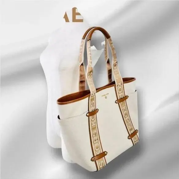 Michael Kors Beige Maeve Large Open Tote Bag Beige Canvas with Gusset