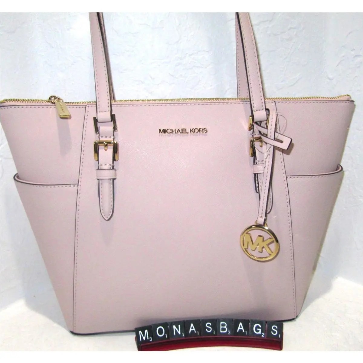 Michael Kors Top Zip Charlotte Large Tote Bag Powder Blush Pink