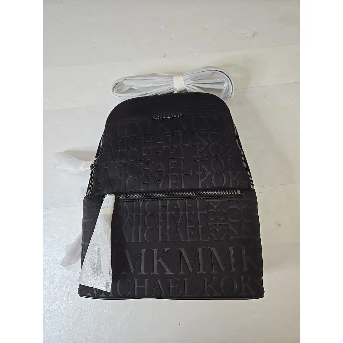 Michael Kors Toby Medium Zip Backpack Bag Tote Purse Black MK Logo Silver