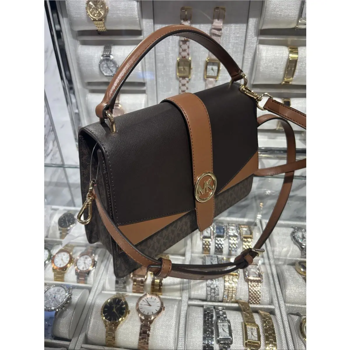Michael Kors Greenwich Medium Satchel Shoulder Bag Brown Handbag Purse Crossbody