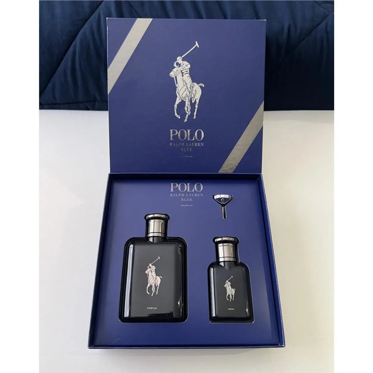 Polo Ralph Lauren Blue Set. 4.2FL Oz and 1.36 FL Oz Bottles Plus Refill Funnel