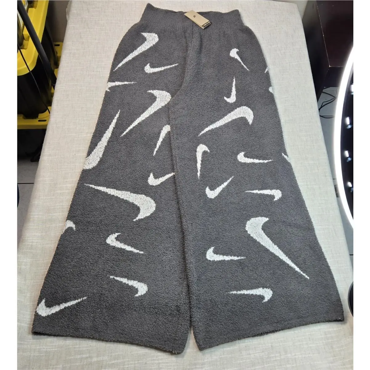 Nike Phoenix Pants Large Women Gray Cozy Bouclé High-waisted Wide-leg Swoosh Aop