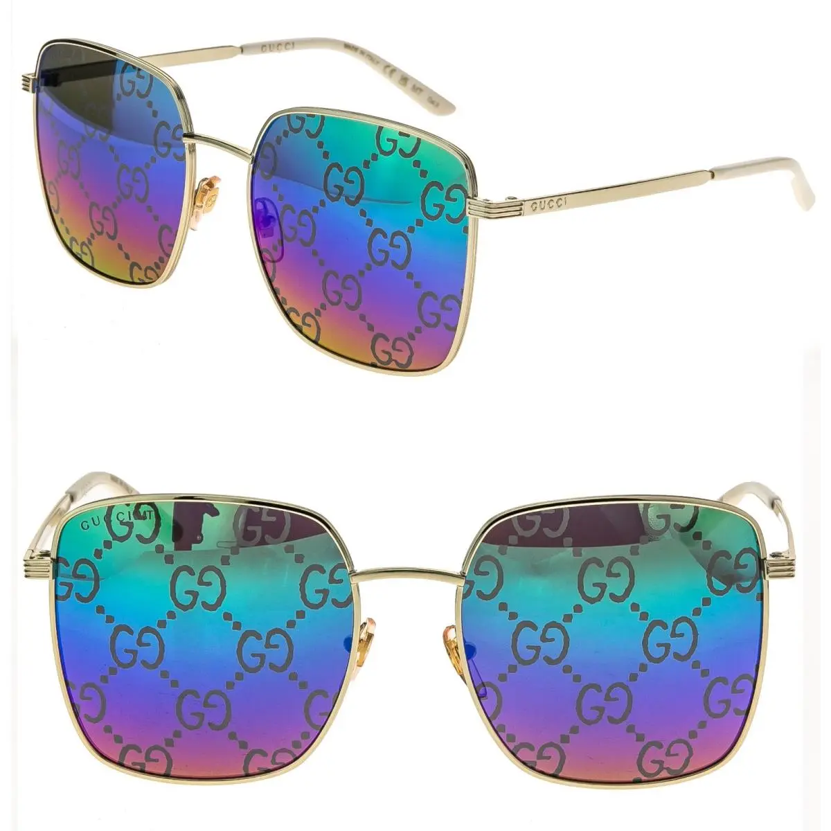 Gucci 0802 Gold Blue Rainbow GG Monogram Print Mirror Gg0802S Sunglasses 004