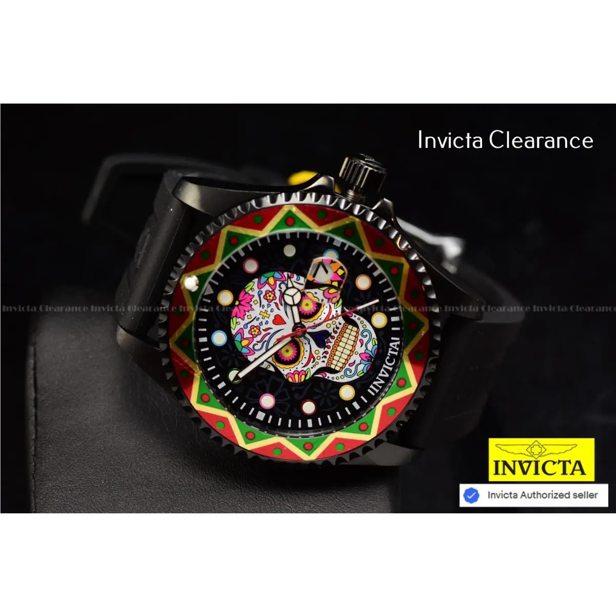 Invicta Mens Pro Diver Latam Exclusive Dia De Los Muertos 43mm Black Strap Watch