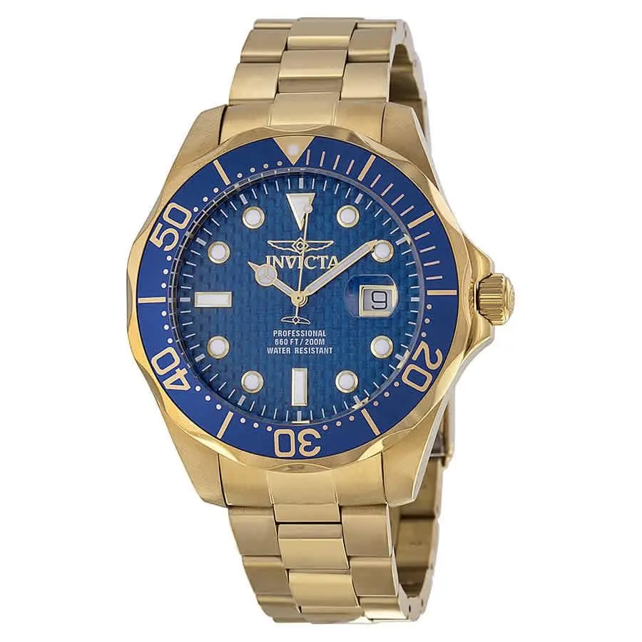 Invicta Pro Diver Blue Cabon Dial Gold Ion-plated Men`s Watch 14357 - Dial: Blue, Band: Gold Ion-plated, Bezel: Gold Ion-plated
