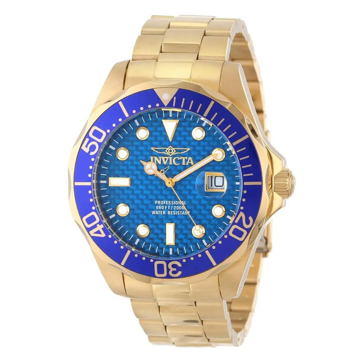 Invicta Men`s Watch Pro Diver Blue Carbon Fiber Dial Yellow Gold Bracelet 14357 - Dial: Blue, Band: Yellow/gold