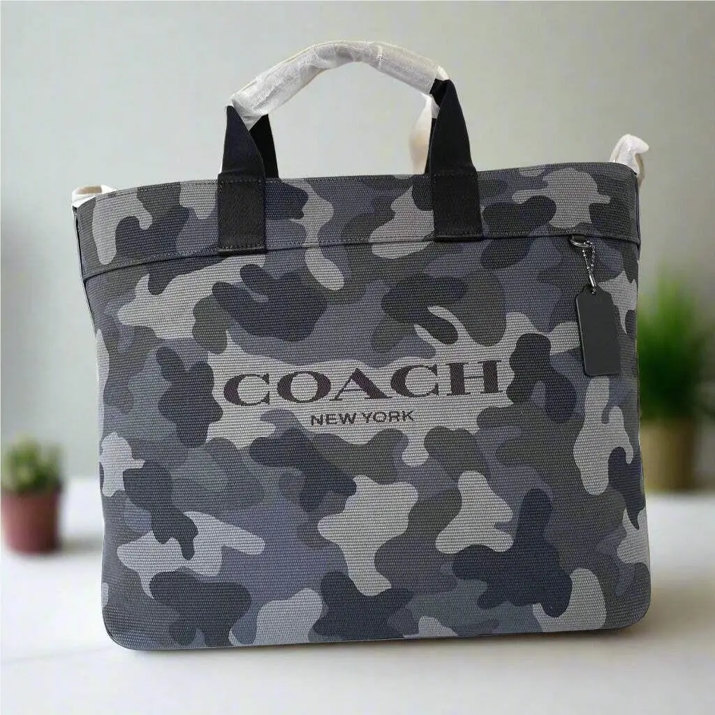 Coach Tote 38 CY805 Large Camo Canvas Leather Carryall Black Shoulder
