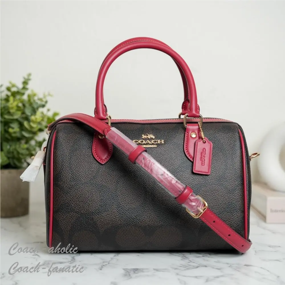 CCD76 Rowan Satchel Bag In Maxi Signature Canvas Leather Walnut/true Red by Coach
