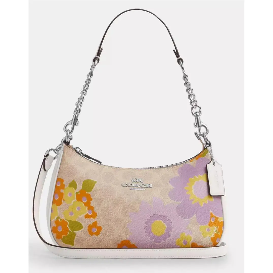 Coach Sand Multi Teri Floral Print Signature Coated Canvas Shoulder Bag CBG73