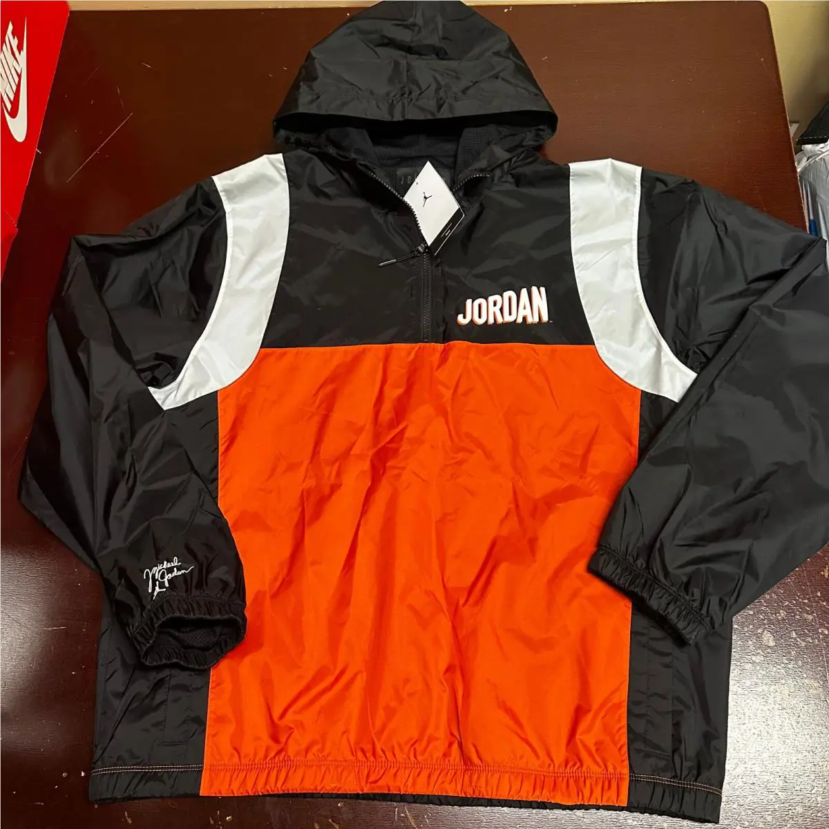Air Jordan Mens Black Orange Flight Mvp Club Hooded Woven Jacket Size L XL
