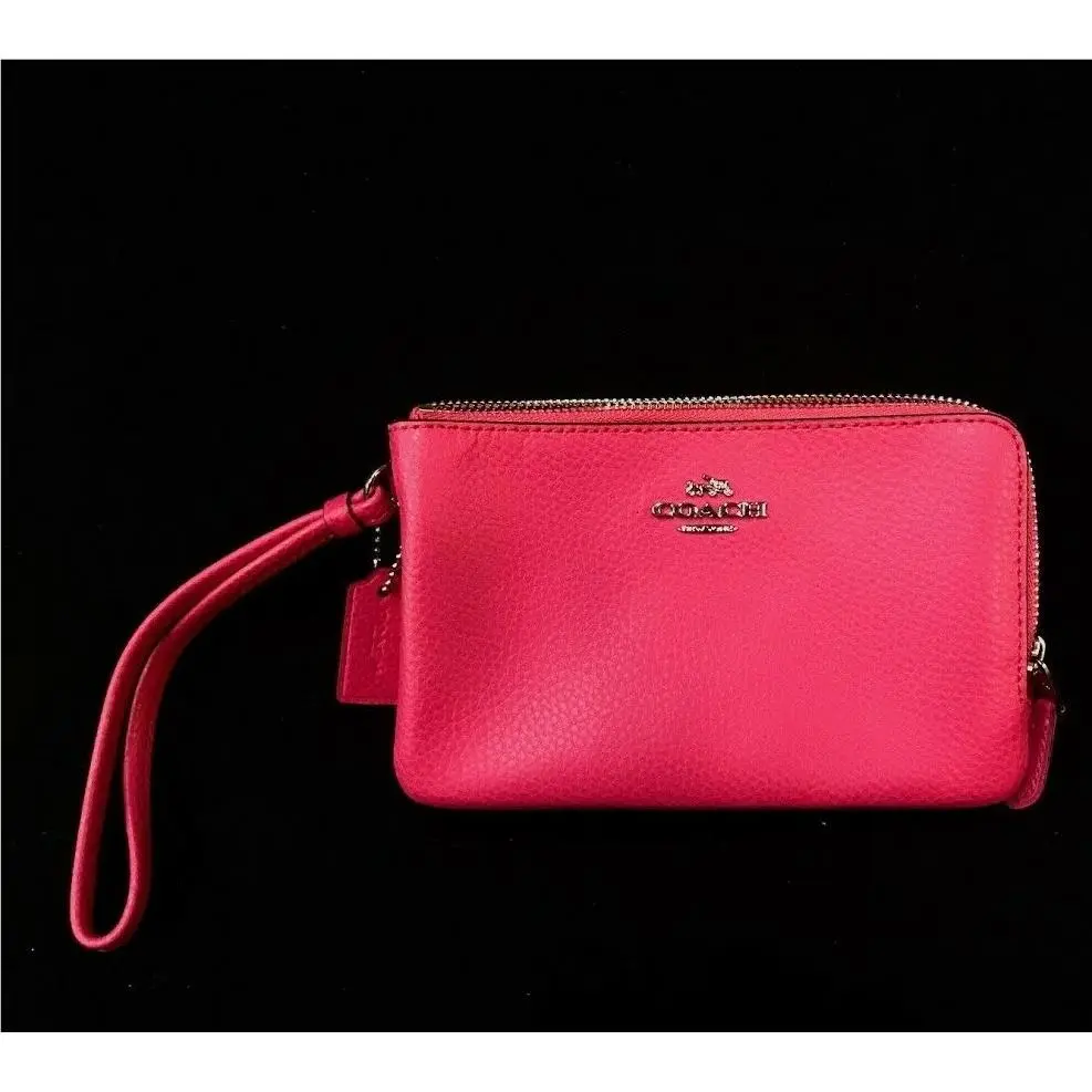 Coach Wristlet Pink Magenta Double Zipper Coin Purse Leather