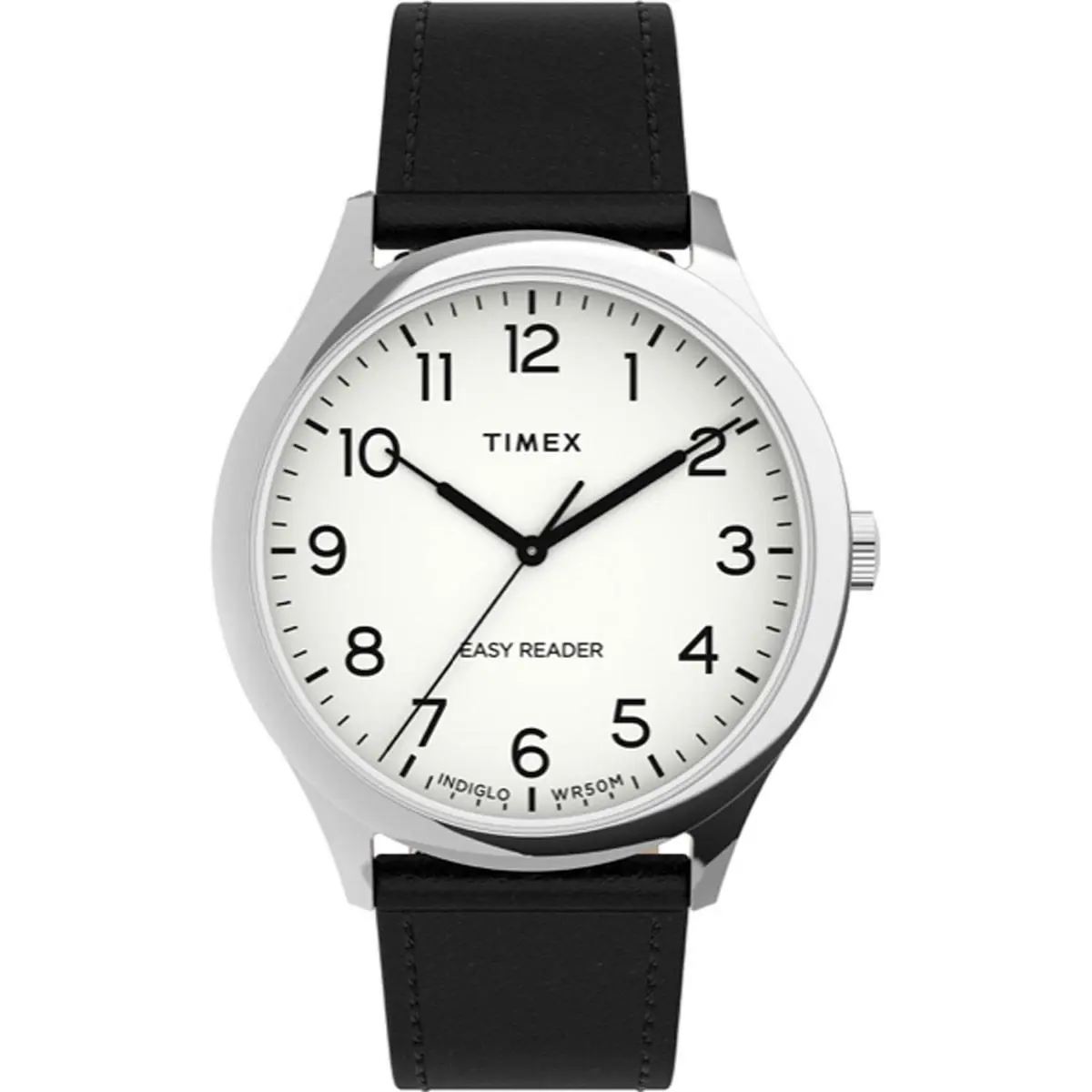 Timex Unisex Watch Easy Reader Quartz White Dial Black Leather Strap TW2U22100VQ - Dial: White, Band: Black