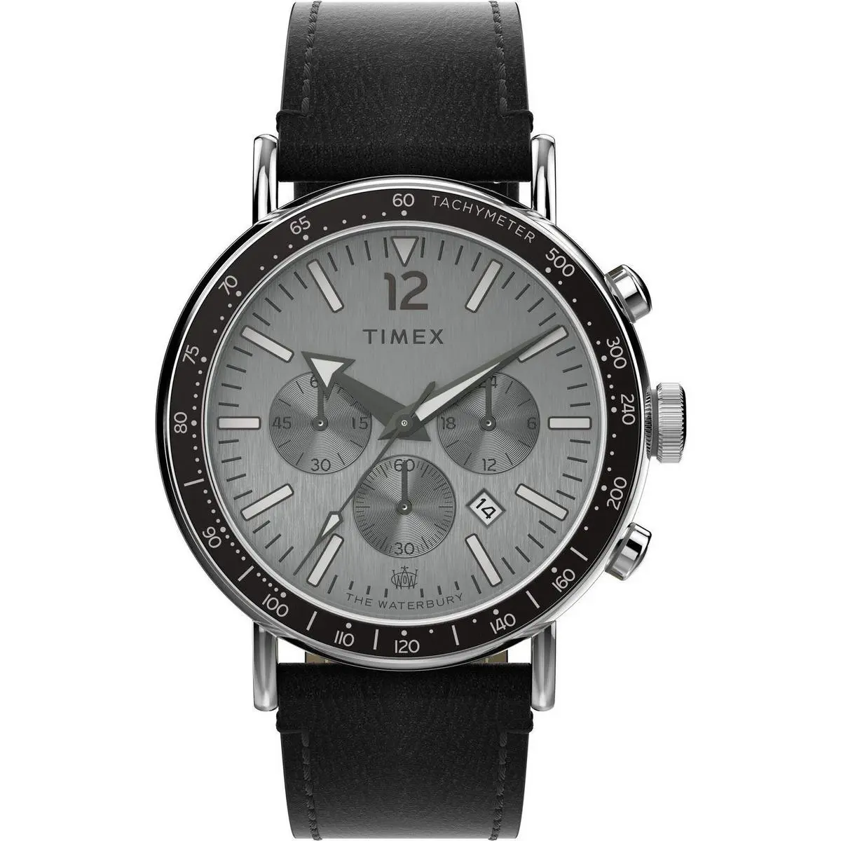 Timex TW2W47400 Men`s Waterbury Black Leather Band Gray Dial Chronograph Watch - Dial: Gray, Band: Black, Bezel: Black