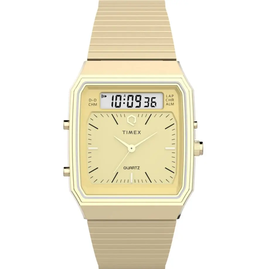 Q 1982 Ana-digi Reissue Gold Tone Champagne 33 mm Bracelet Watch TW2Y06000 by Timex