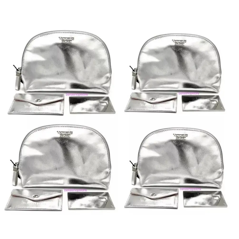 4-Pack Victoria`s Secret Makeup Bag Silver Mirror 3-Piece Set
