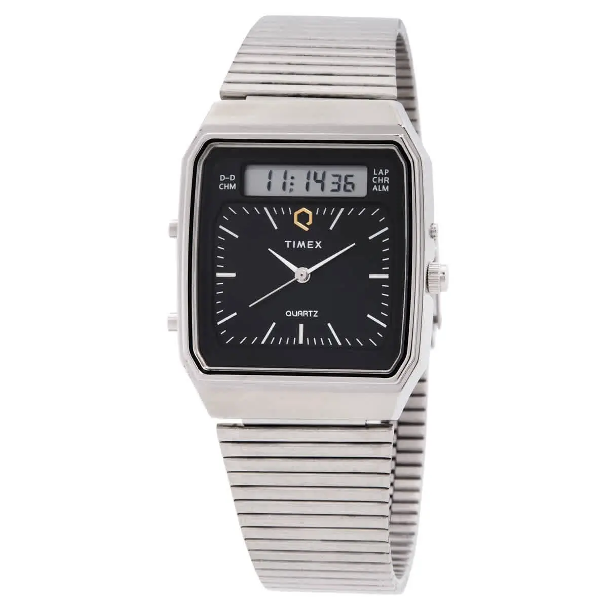 Timex Q Timex 1982 Reissue Quartz Analog-digital Men`s Watch TW2Y05900VQ - Dial: Black, Band: Silver-tone, Bezel: Silver-tone
