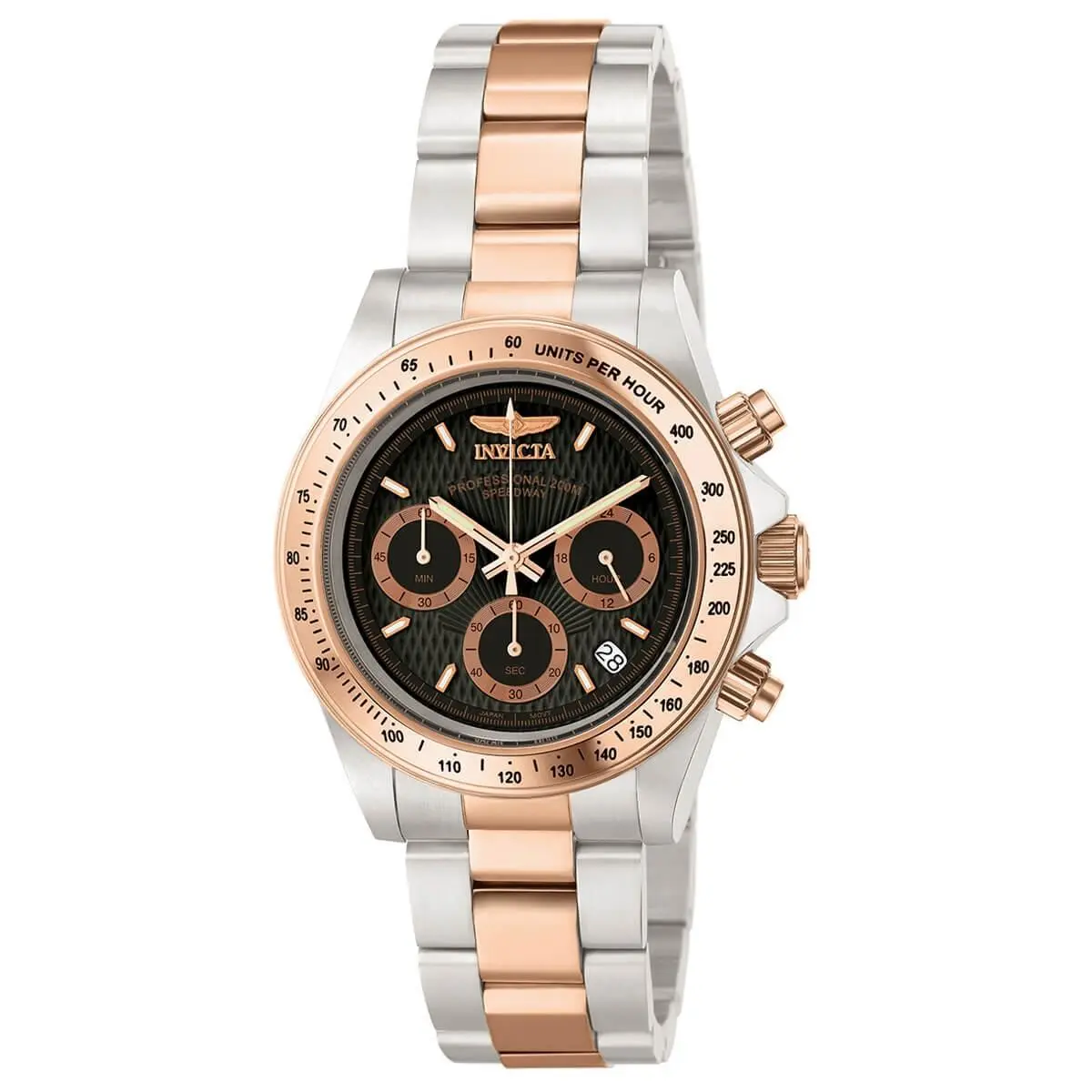 Invicta Men`s Watch Speedway Quartz Chrono Black Dial Two Tone SS Bracelet 6932