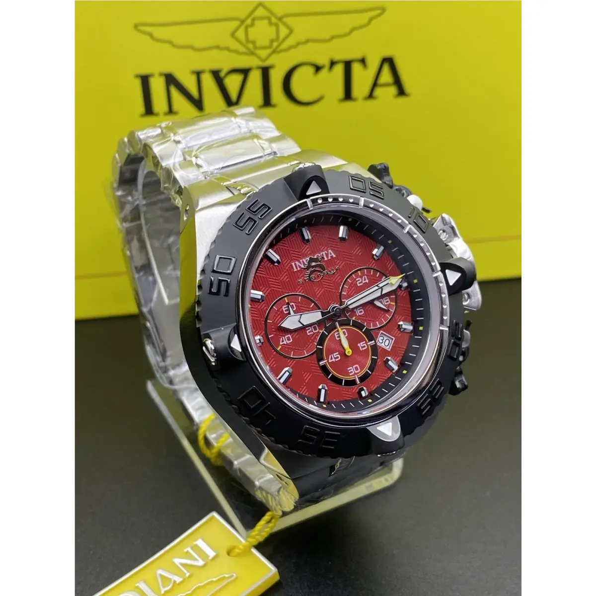 Invicta Men`s Watch Subaqua Noma IV Chrono Red Dial Silver Tone Bracelet 48199 - Dial: Red, Band: Silver, Bezel: Red