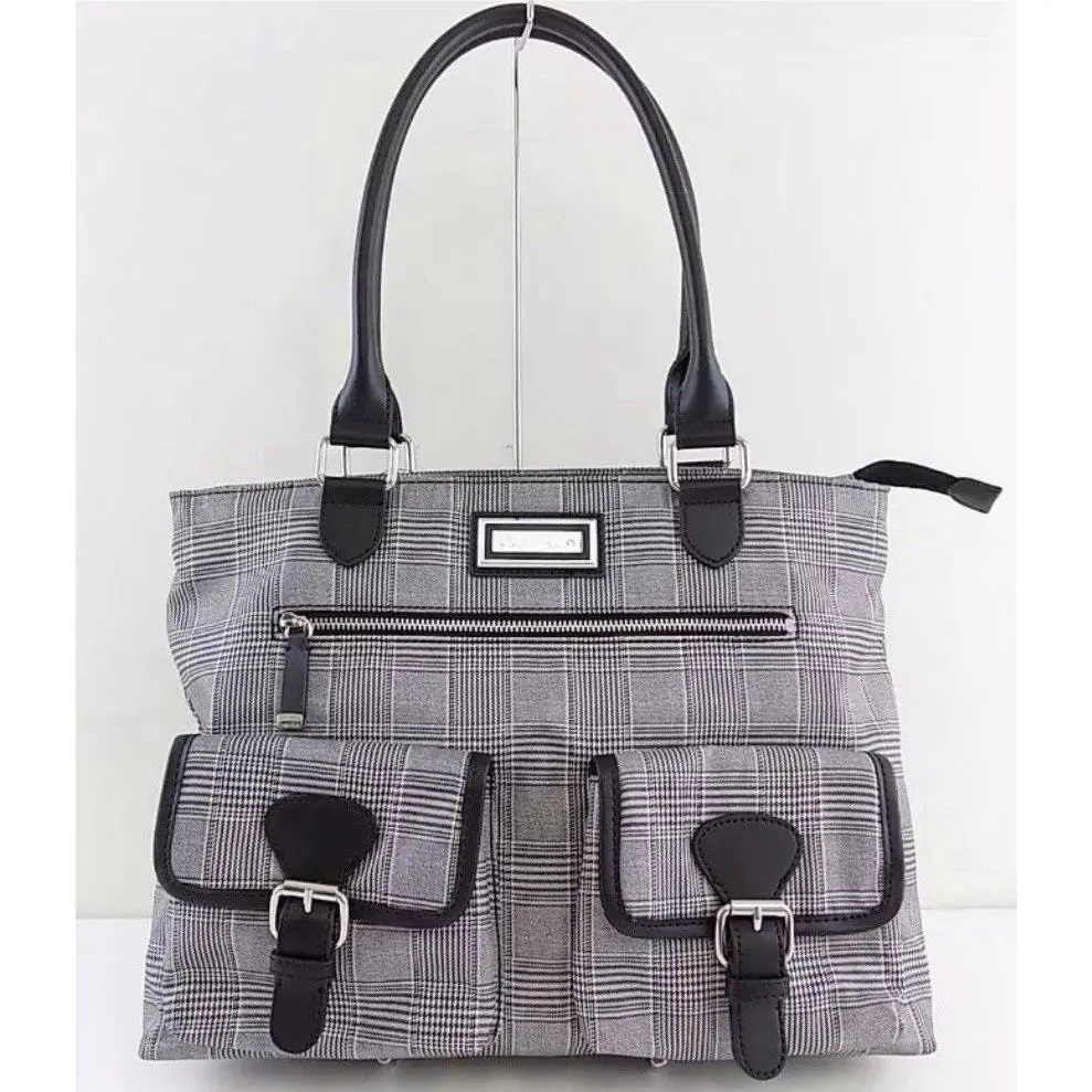 Calvin Klein Belfast Glen Check Plaid Nylon Buckle Tote Top Zip Bag Blk/wht