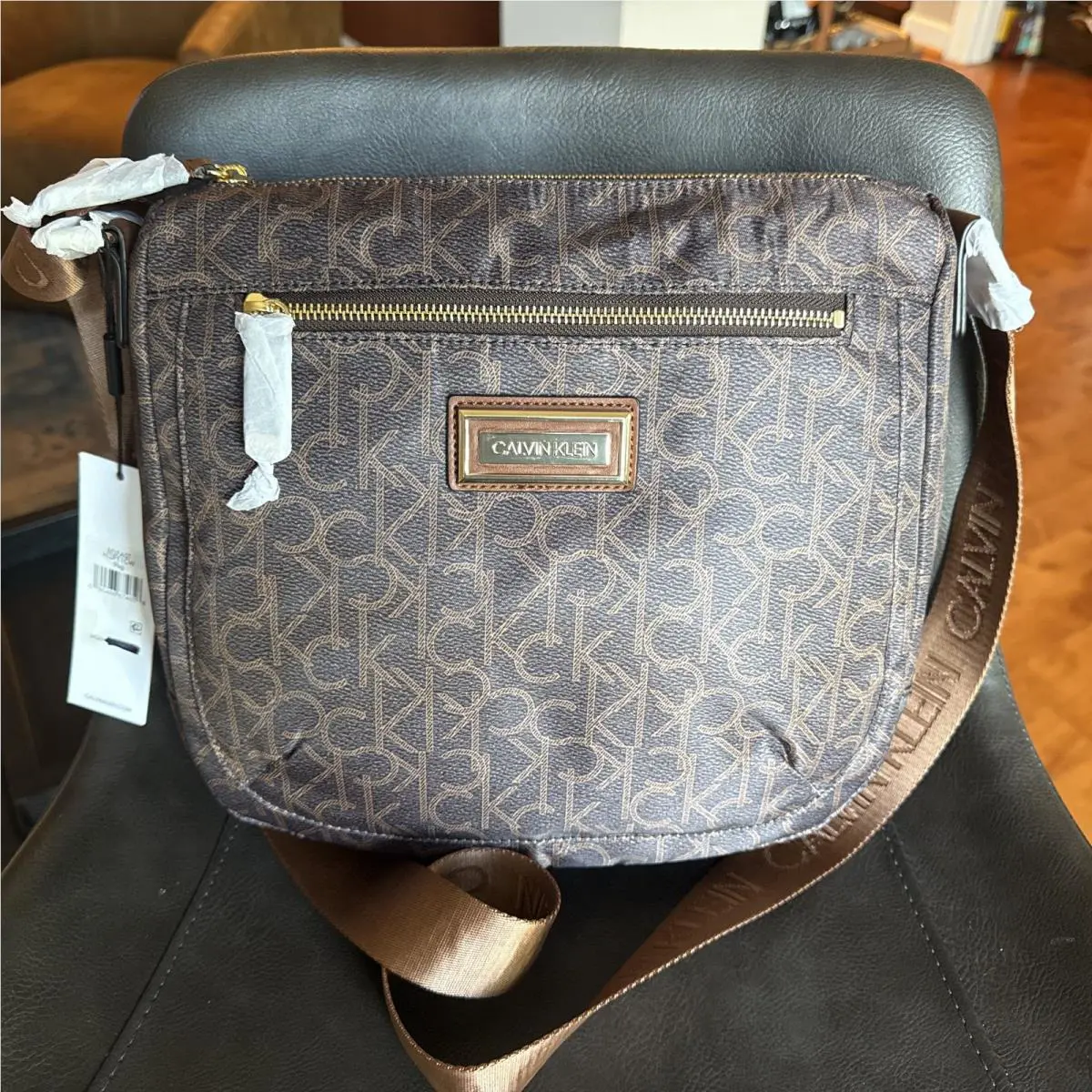 Calvin Klein Brown Monogrammed Messenger Tote Bag with Gold Hardware