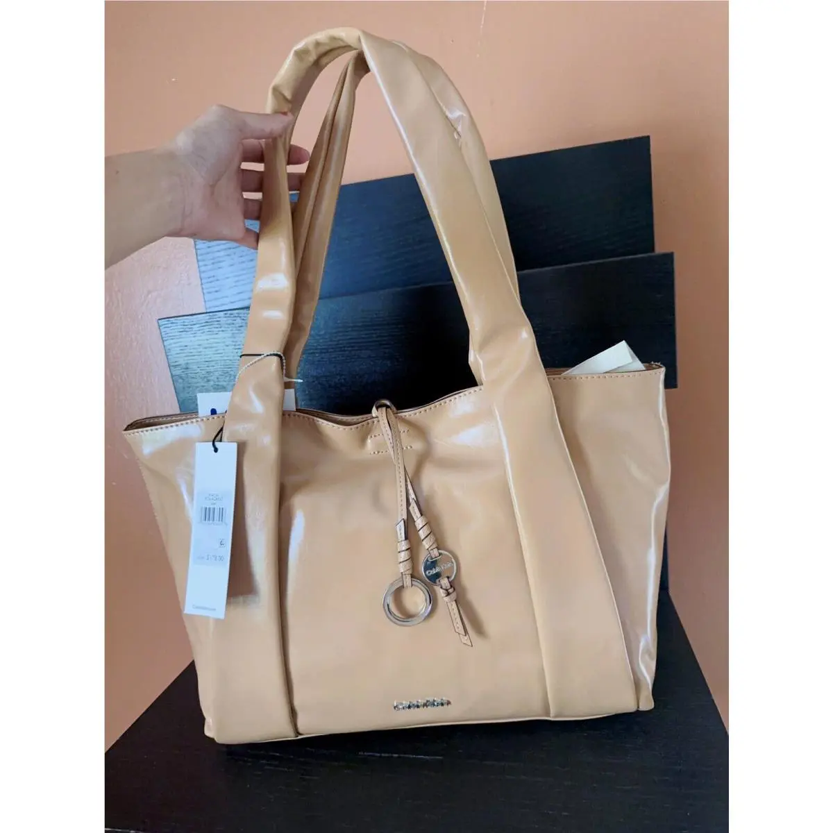 Calvin Klein Shiny Leather Water Cool Shoulder Handbag Beige Cream