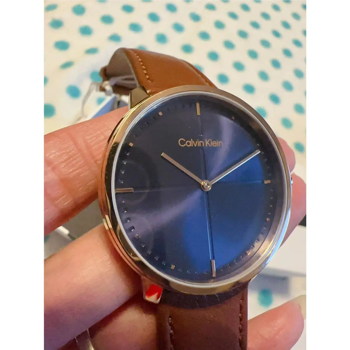Calvin Klein Watch Leather Band Blue Dial Gold Tone Case