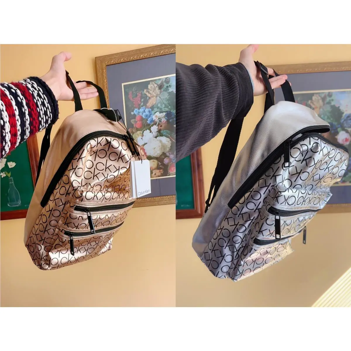 Gold Silver Shinny Tone Calvin Klein Soft Backpack 2 Colors Choice